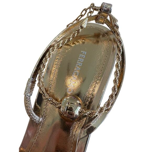 Ferragamo Denise Sandals Heel Chain Ankle Strap 70mm Metallic Gold Party Sz 7 - Picture 6 of 14